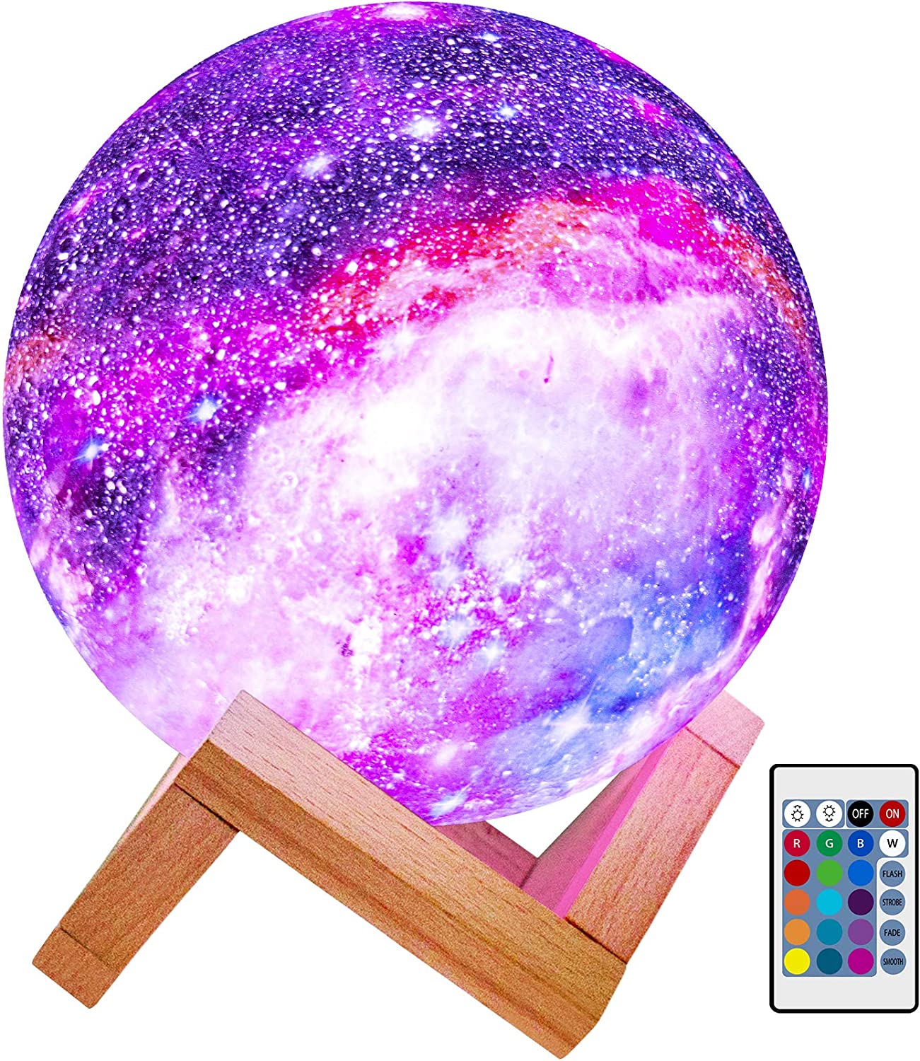 BRIGHTWORLD Moon Lamp Kids Night Light Galaxy Lamp 5.9 inch 16 Colors LED 3D Star Moon Light with Wood Stand, Remote & Touch Control USB Rechargeable Gift for Baby Girls Boys Birthday - Baby Mood Lamp